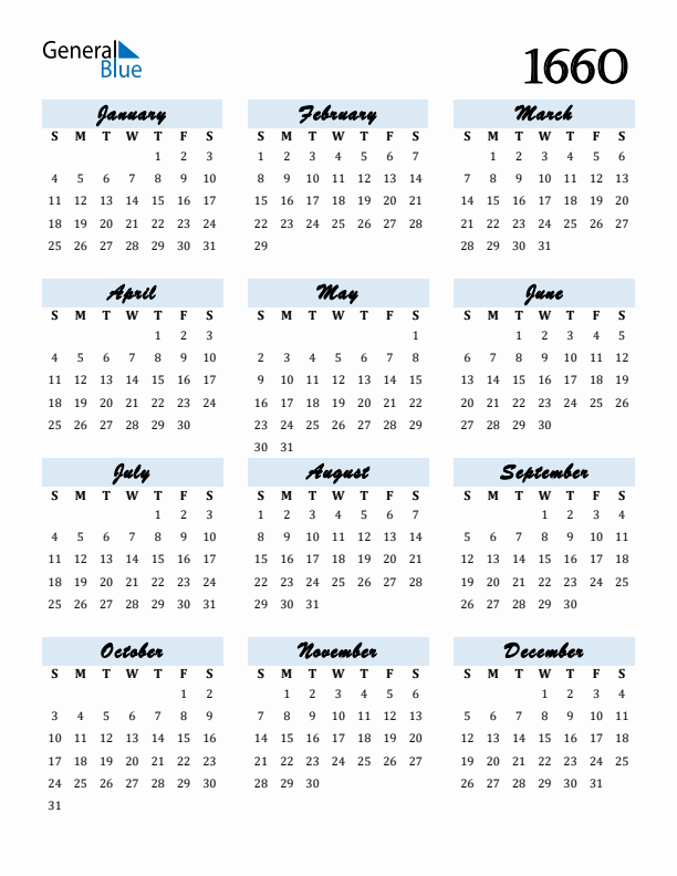 Calendar 1660 Free Download and Print