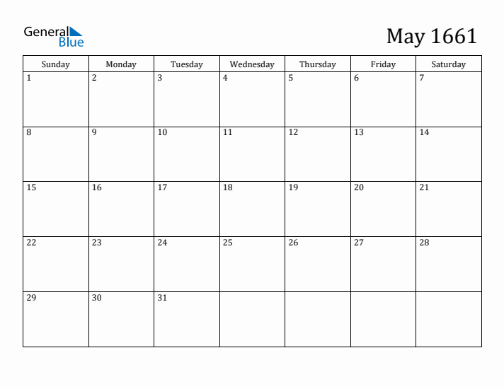 May 1661 Calendar