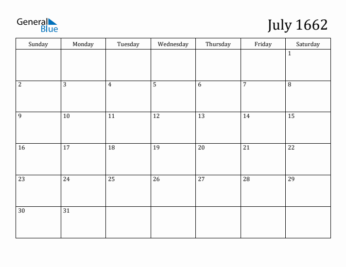 July 1662 Calendar