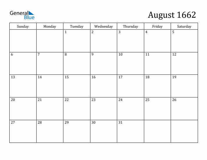 August 1662 Calendar