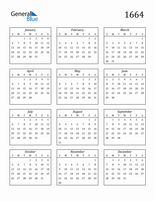 Blank Calendar 1664