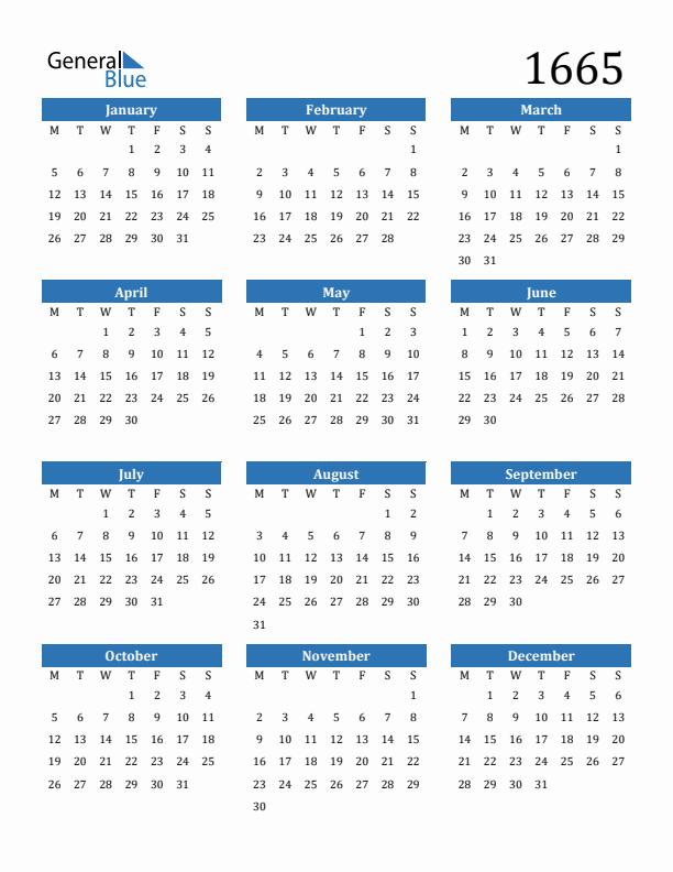 1665 Calendar