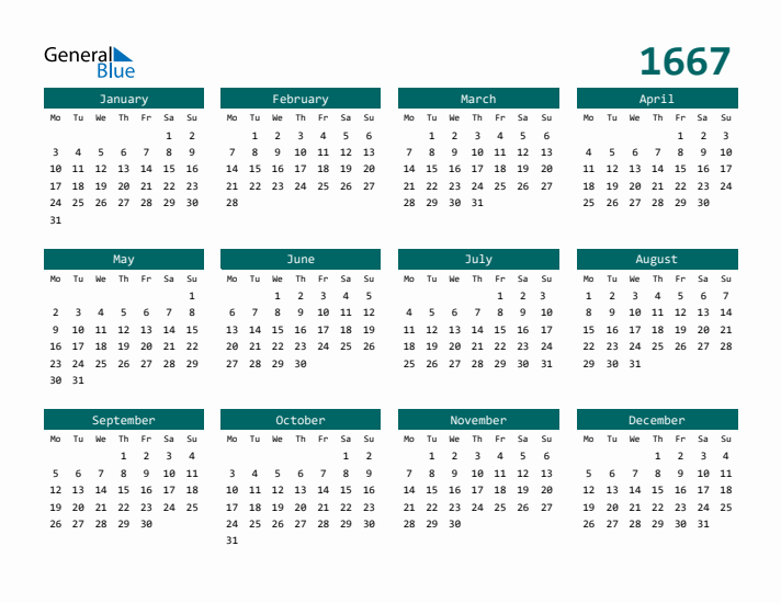 Downloadable 1667 Calendar