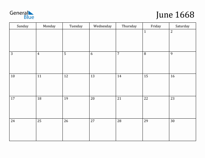 June 1668 Calendar