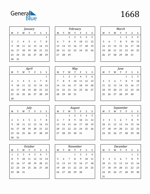 Blank Calendar 1668