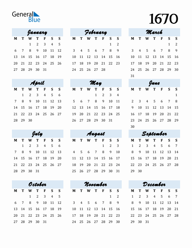 Calendar 1670 Free Download and Print