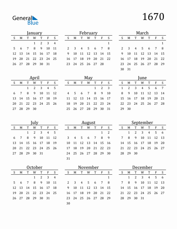 Free Printable Calendar 1670 with Sunday Start