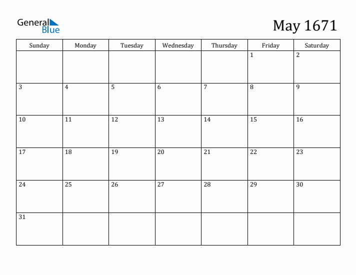 May 1671 Calendar