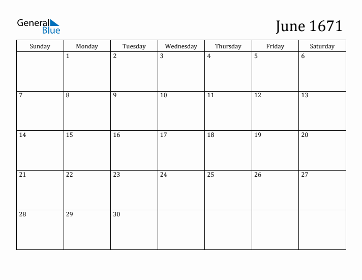 June 1671 Calendar