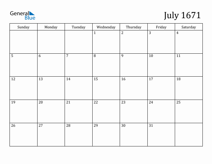 July 1671 Calendar