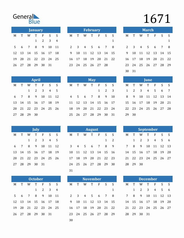 1671 Calendar