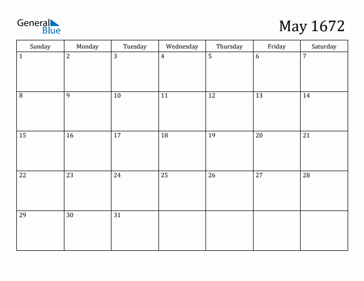 May 1672 Calendar