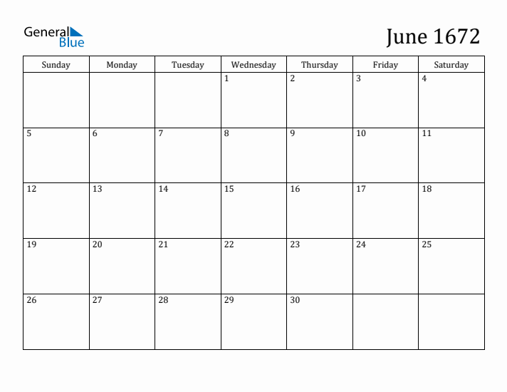 June 1672 Calendar