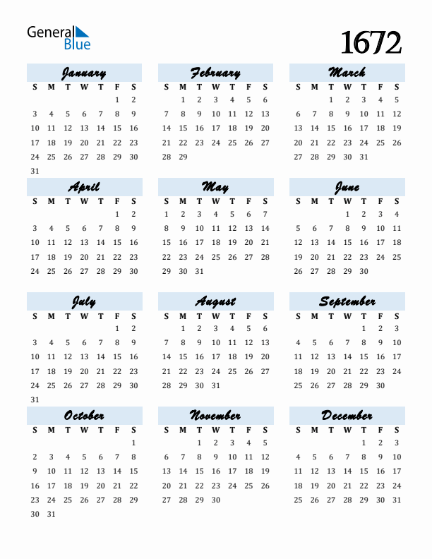 Calendar 1672 Free Download and Print