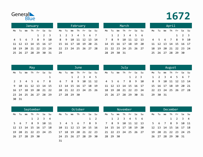 Downloadable 1672 Calendar