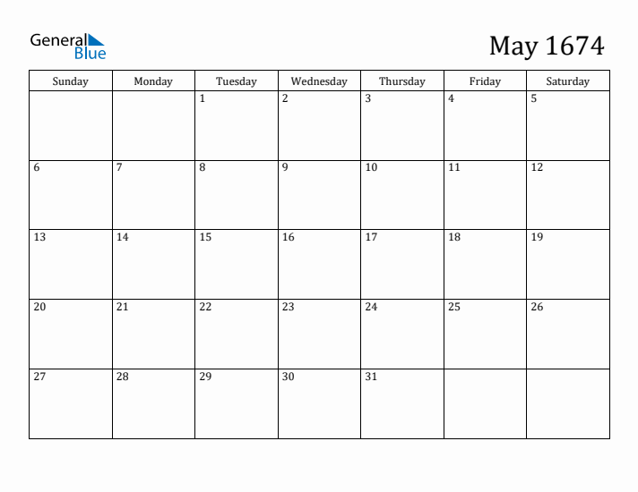 May 1674 Calendar