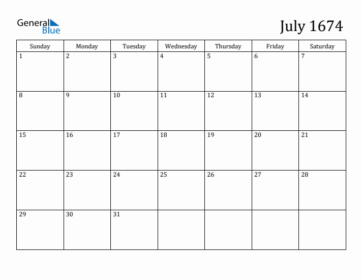 July 1674 Calendar