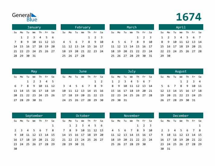 Downloadable 1674 Calendar