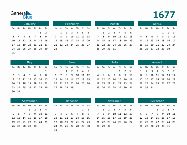 Downloadable 1677 Calendar