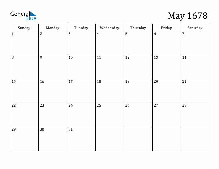 May 1678 Calendar