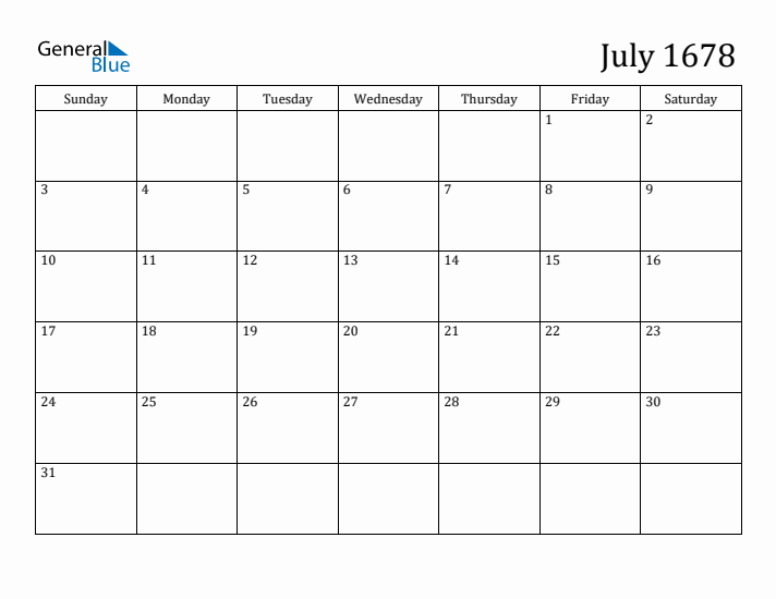 July 1678 Calendar