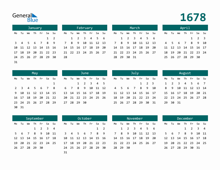 Downloadable 1678 Calendar