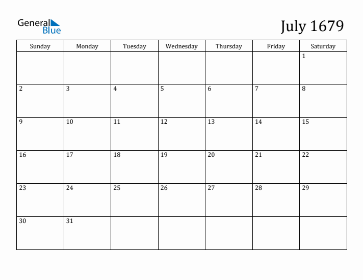 July 1679 Calendar