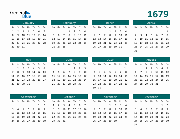 Downloadable 1679 Calendar