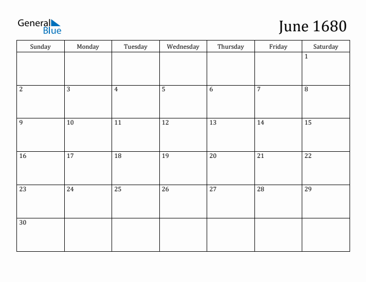 June 1680 Calendar