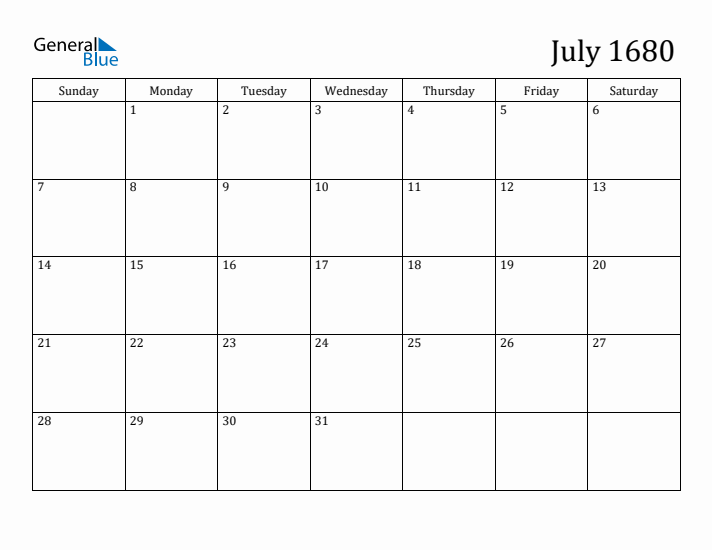 July 1680 Calendar