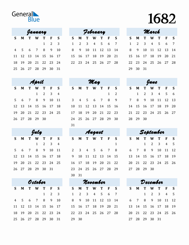 Calendar 1682 Free Download and Print