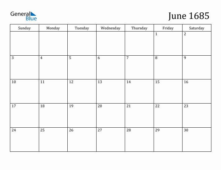 June 1685 Calendar