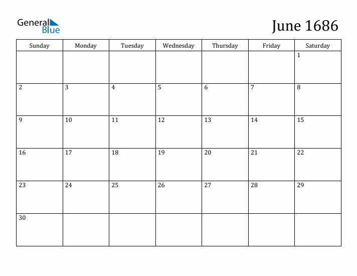 June 1686 Calendar