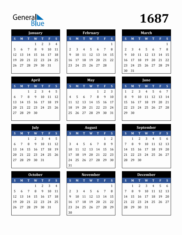 Editable Calendar 1687 - Sunday Start