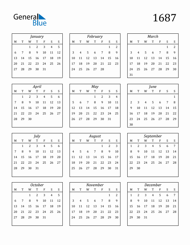 Blank Calendar 1687