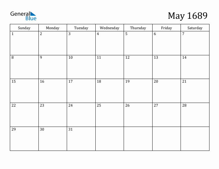 May 1689 Calendar