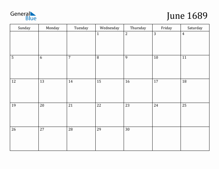 June 1689 Calendar