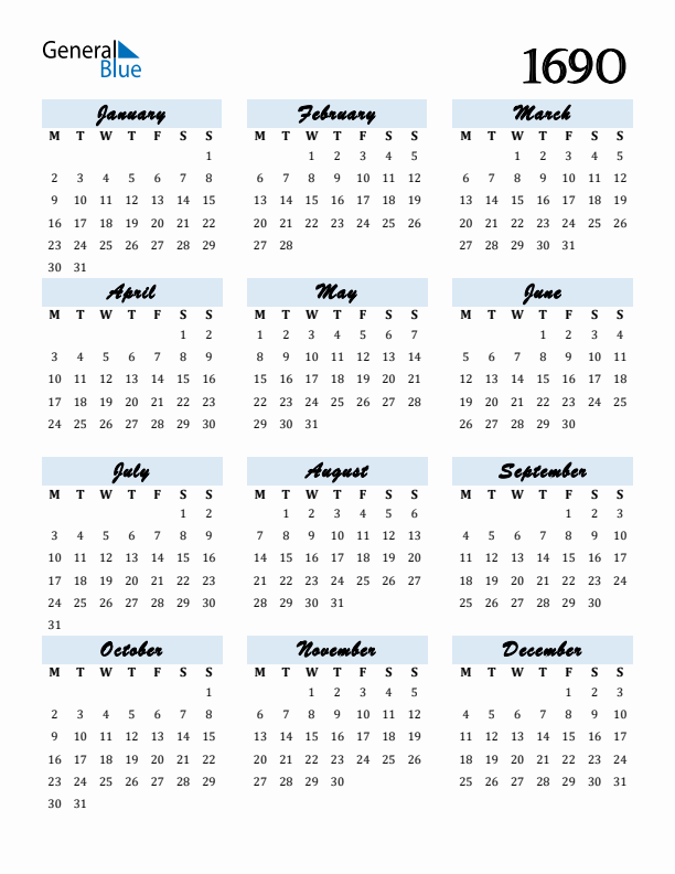 Calendar 1690 Free Download and Print