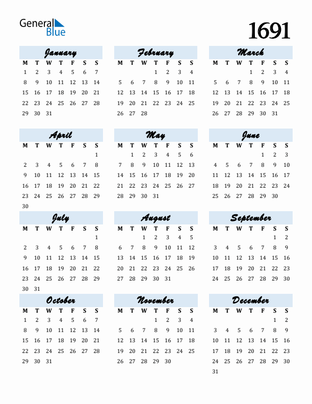 Calendar 1691 Free Download and Print