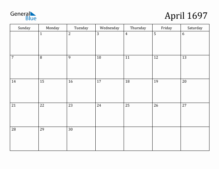 April 1697 Calendar