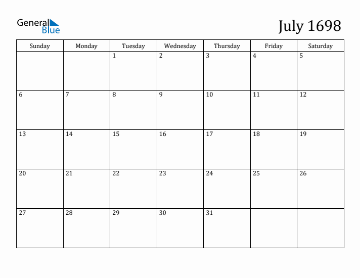 July 1698 Calendar