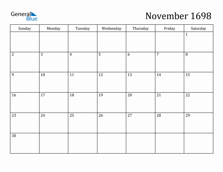 November 1698 Calendar