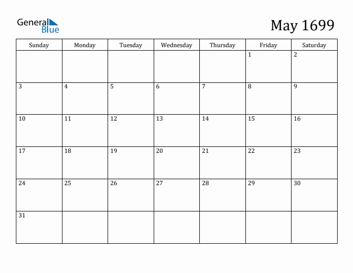 May 1699 Calendar