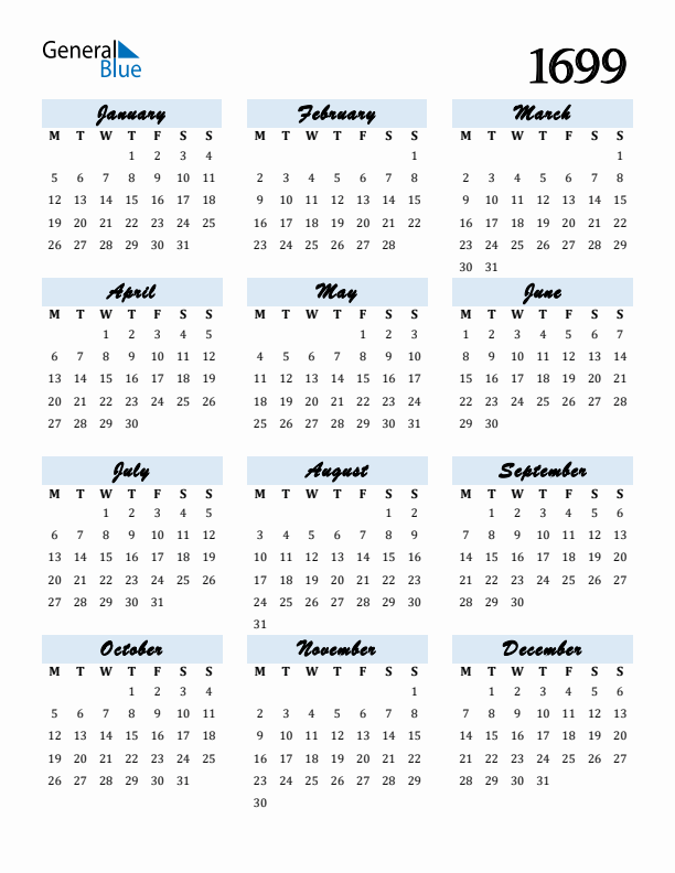 Calendar 1699 Free Download and Print