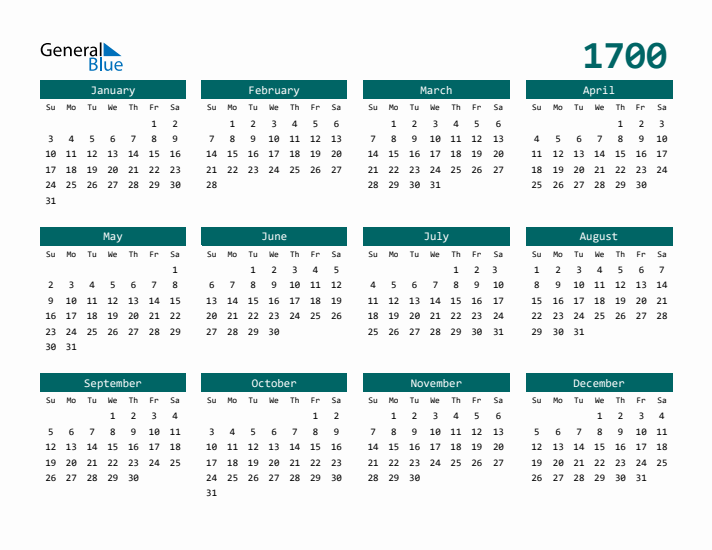 Downloadable 1700 Calendar