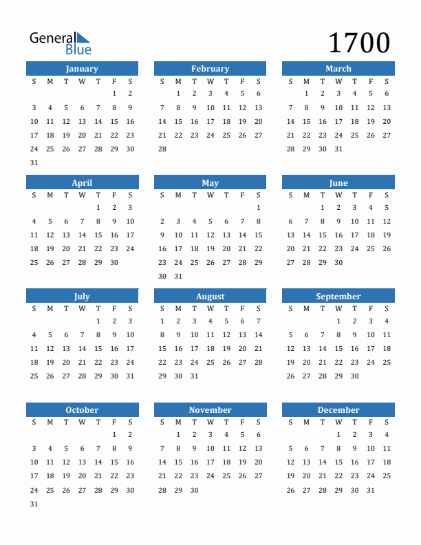 1700 Calendar