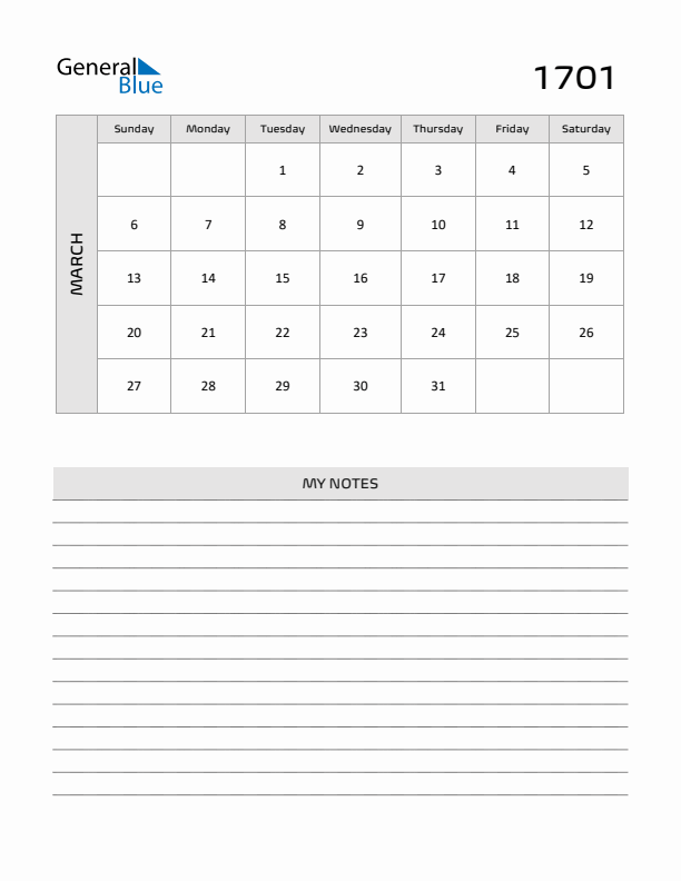 March 1701 Calendar Printable