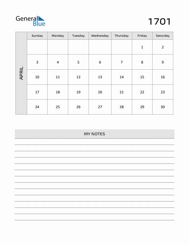 April 1701 Calendar Printable