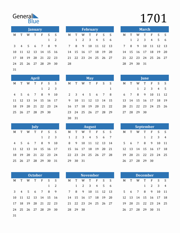 1701 Calendar