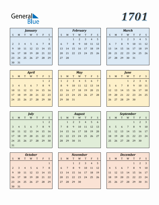 Calendar for 1701 (Sunday Start)